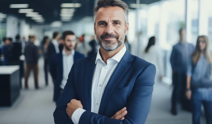 Happy Businessman Standing in Modern, Successful Male Manager Sm Happy Businessman Standing in Modern, Successful Male Manager Smiling and Looking at the Camera. Generative Ai